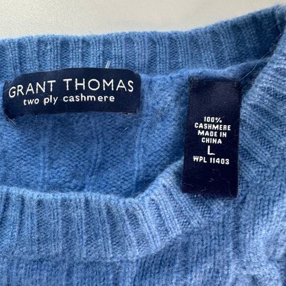 GRANT THOMAS 2 Ply Cashmere Pullover Sweater Crew Neck Soft Fuzzy Blue Size L - Picture 6 of 8
